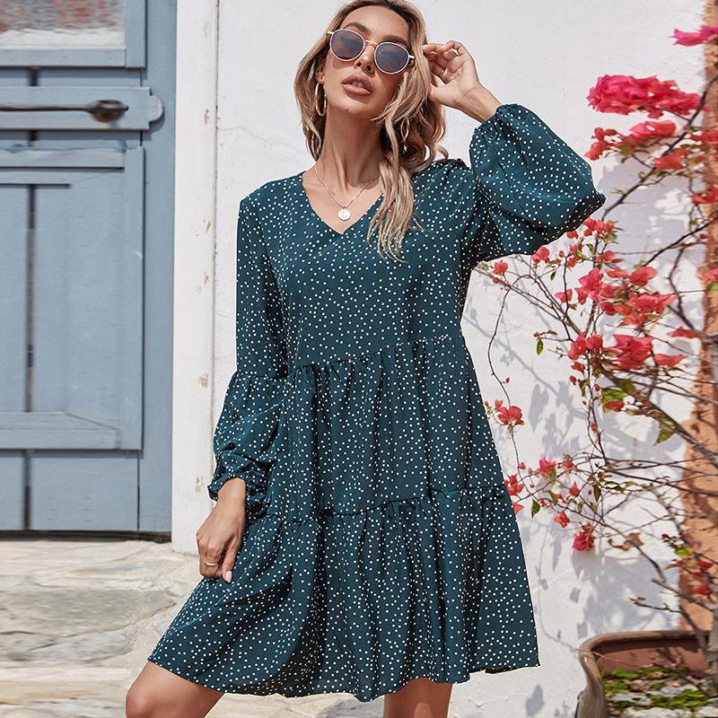 V-Neck Polka Dot Lantern Sleeve Long Sleeve Women High Waist Dress - BUNNY BAZAR
