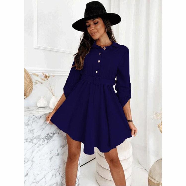 Long Sleeve Roll Sleeve Waist Shirt Belt Dress Women's - BUNNY BAZAR