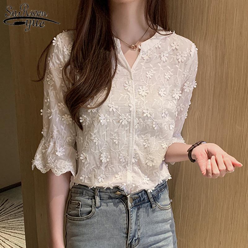 Lace Shirt Women Retro Flared Sleeve Western Style Small Shirt Embroidered Blouse - BUNNY BAZAR