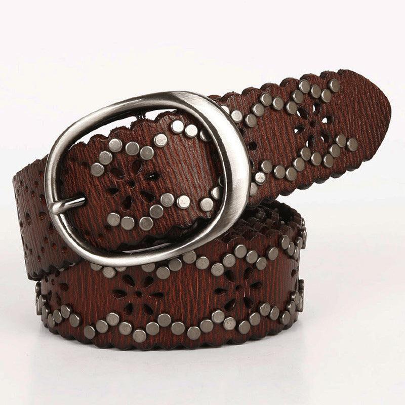 Lace Rivet Leather Belt Head Layer Cowhide Women's Belt - BUNNY BAZAR
