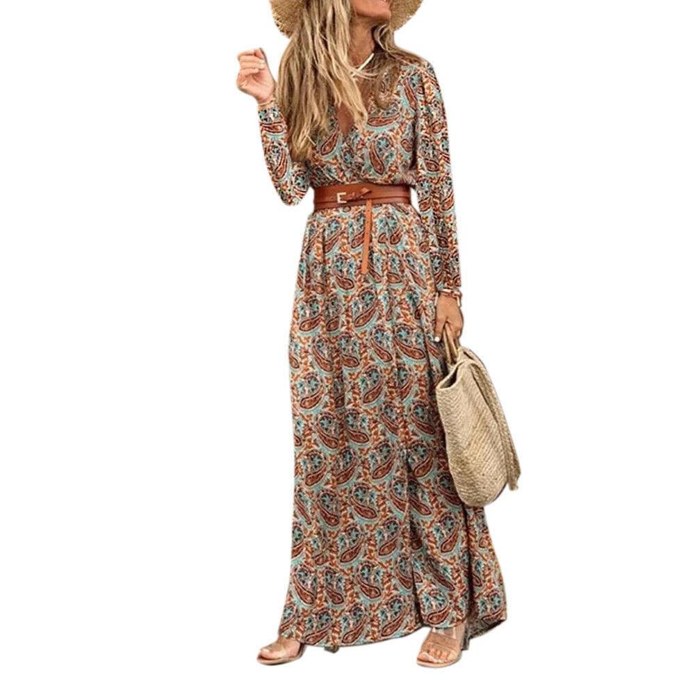Long Sleeve V-neck Bohemian Floral Dress - BUNNY BAZAR