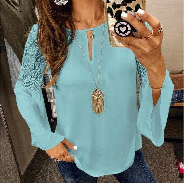Lace stitching flared sleeve chiffon shirt - BUNNY BAZAR
