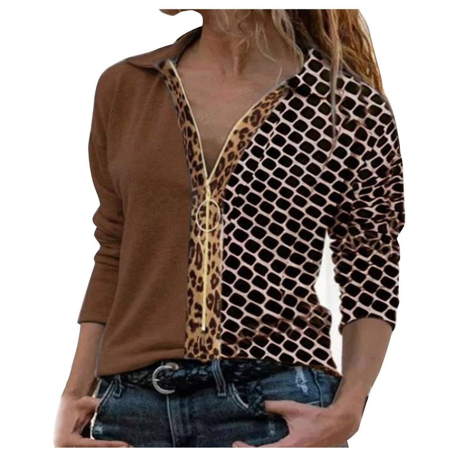 Leopard Print Stitching Long-sleeved Zipper Shirt Women - BUNNY BAZAR
