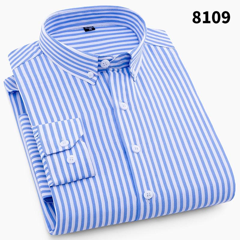 New Men's Long Sleeve Shirt Business Casual Plaid Striped Solid Color Shirt Non-iron Korean Slim Cross-border - BUNNY BAZAR