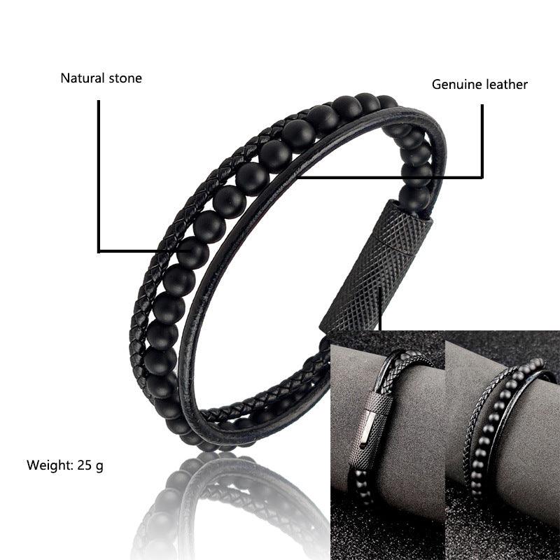 Stainless Steel Bracelet New Snap Beaded Black Leather Black Bracelet For Men - BUNNY BAZAR