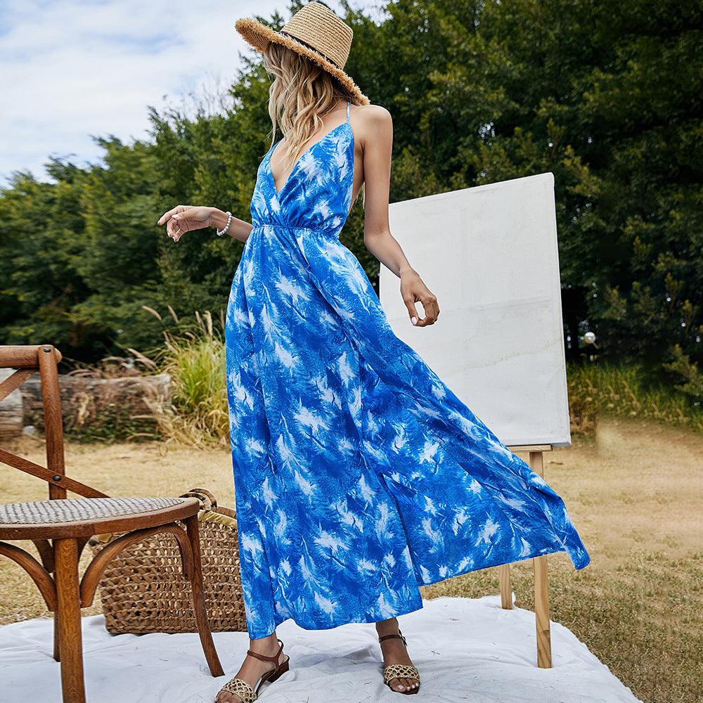 2021 New Bohemian Halter Dress Women Summer Brand Sleeveless V-Neck Backless - BUNNY BAZAR