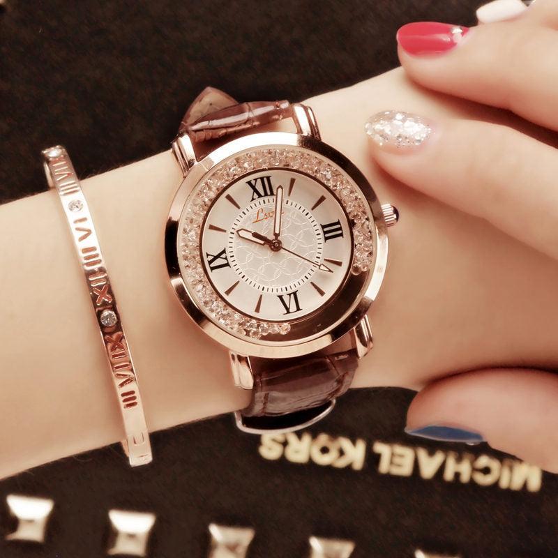 Ladies Watch Flowing Water Diamond British Watch Fashion Student Belt Watch Women - BUNNY BAZAR