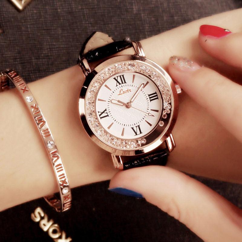 Ladies Watch Flowing Water Diamond British Watch Fashion Student Belt Watch Women - BUNNY BAZAR