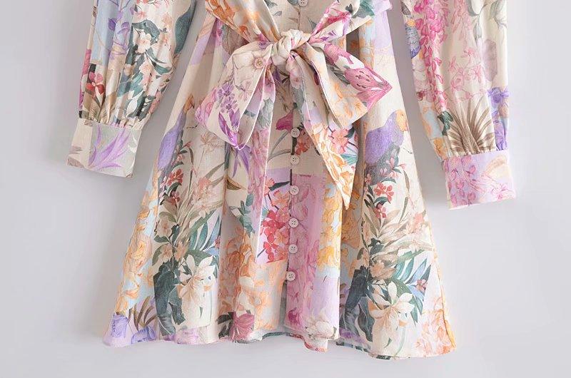 New European And American Style Linen Floral Print Belted Shirt Dress - BUNNY BAZAR