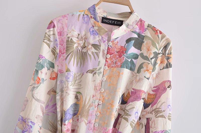 New European And American Style Linen Floral Print Belted Shirt Dress - BUNNY BAZAR