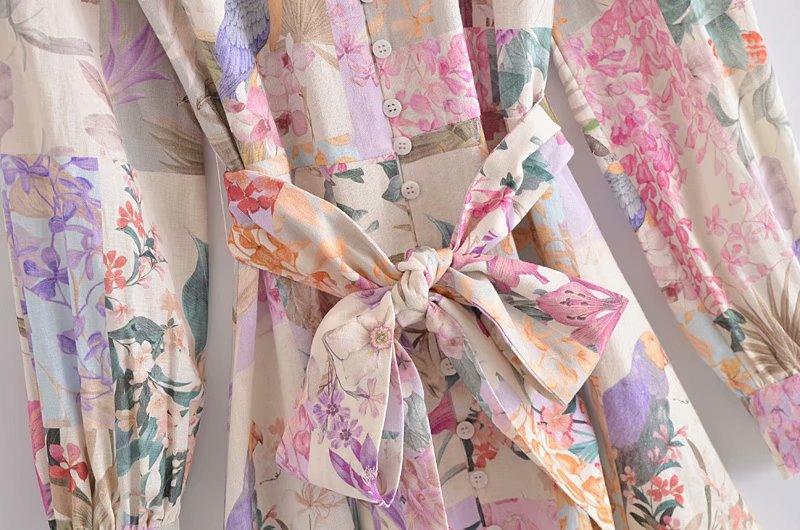 New European And American Style Linen Floral Print Belted Shirt Dress - BUNNY BAZAR