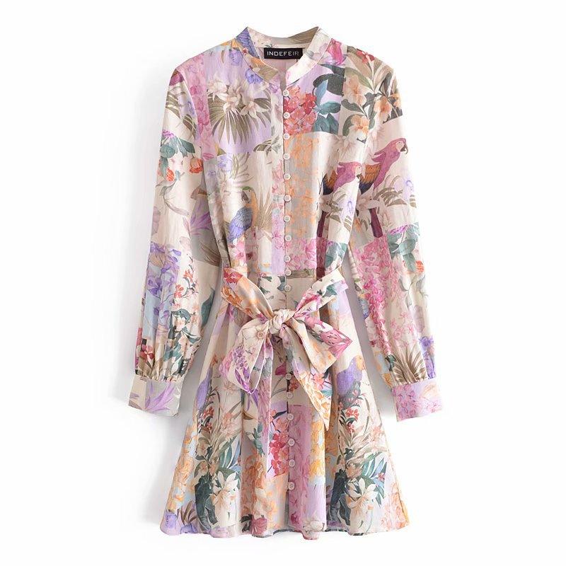 New European And American Style Linen Floral Print Belted Shirt Dress - BUNNY BAZAR