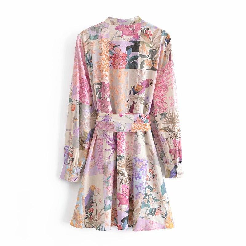 New European And American Style Linen Floral Print Belted Shirt Dress - BUNNY BAZAR