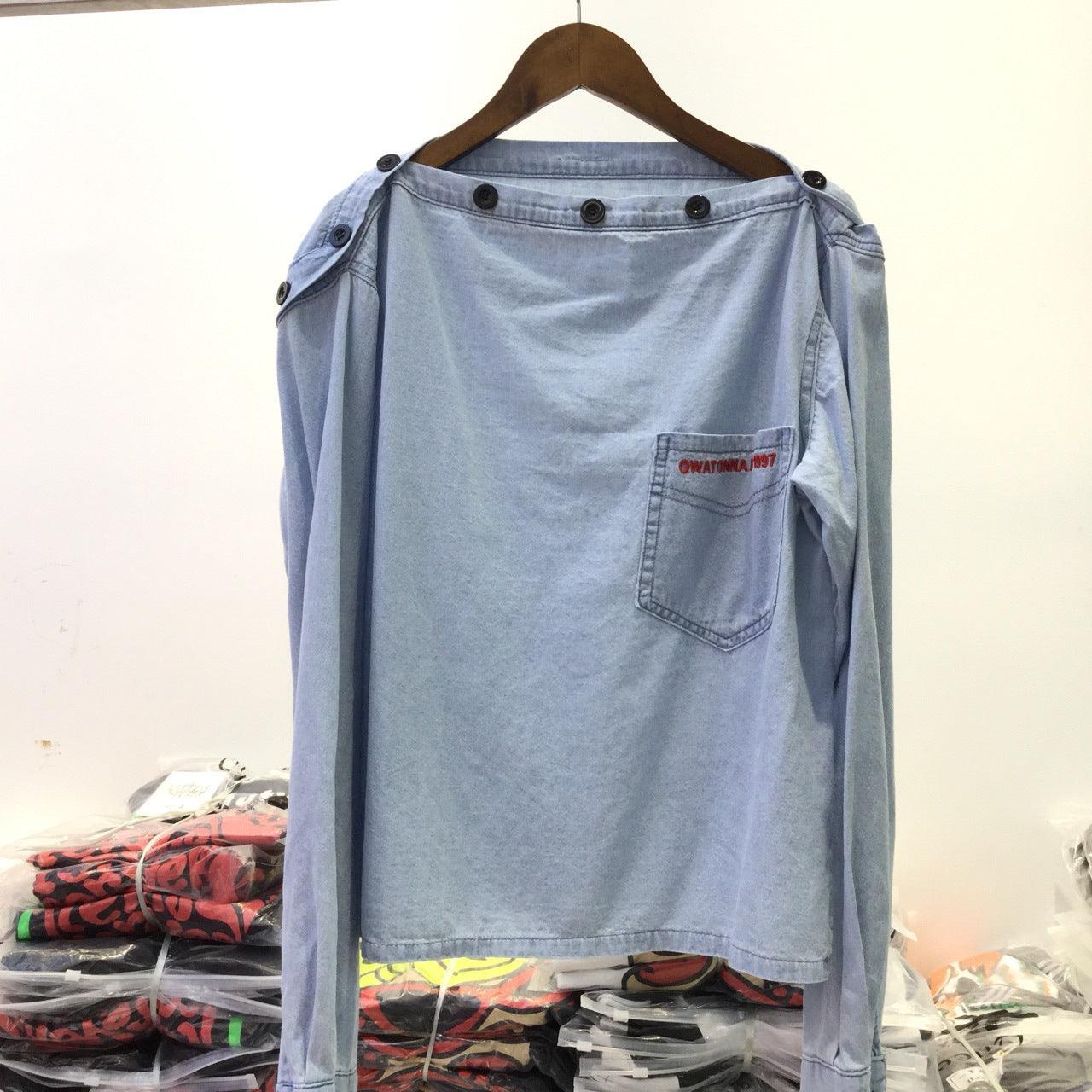 One-line Collar Off-shoulder Blouse With Embroidery Pockets Loose Shirt Denim Shirt Women - BUNNY BAZAR