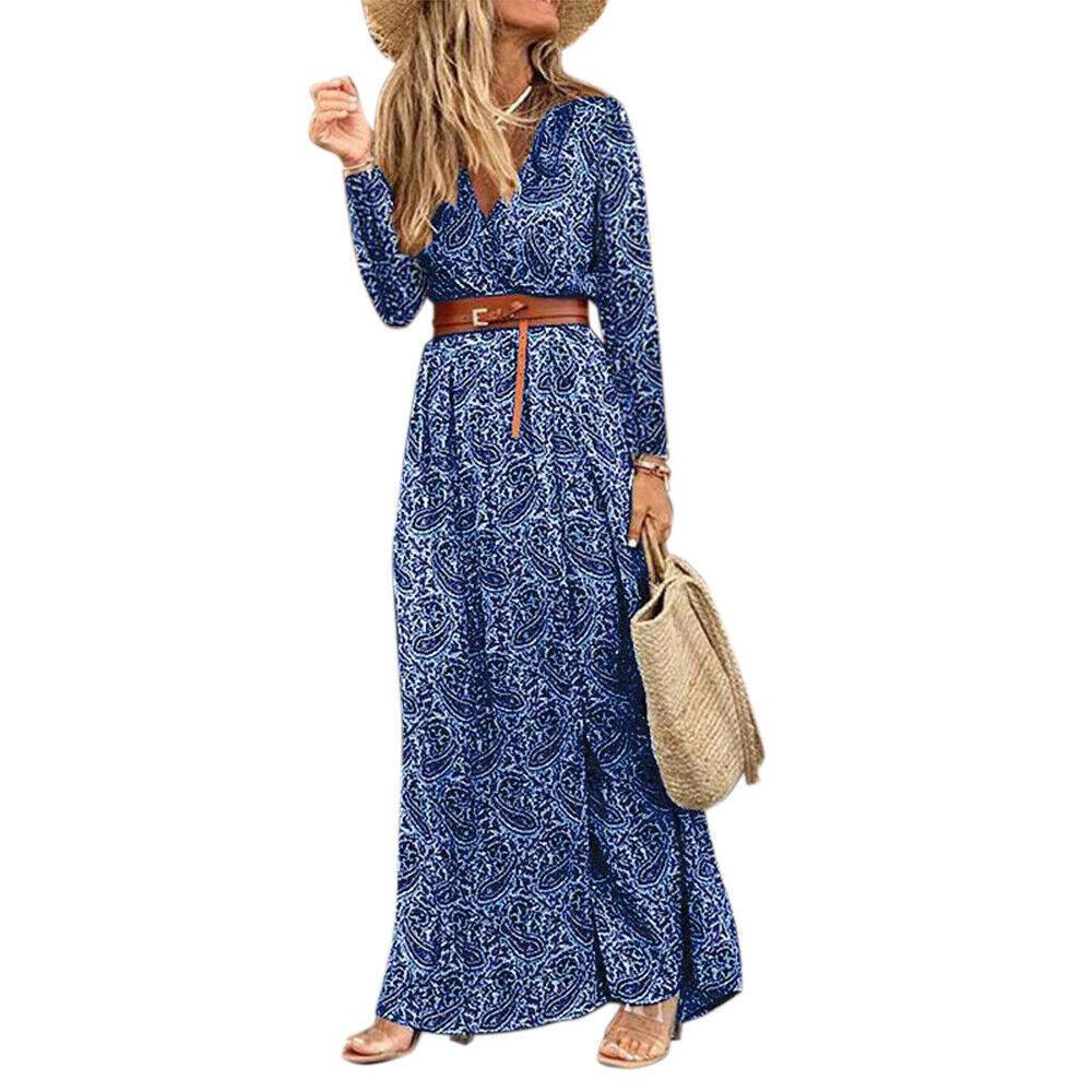 Long Sleeve V-neck Bohemian Floral Dress - BUNNY BAZAR