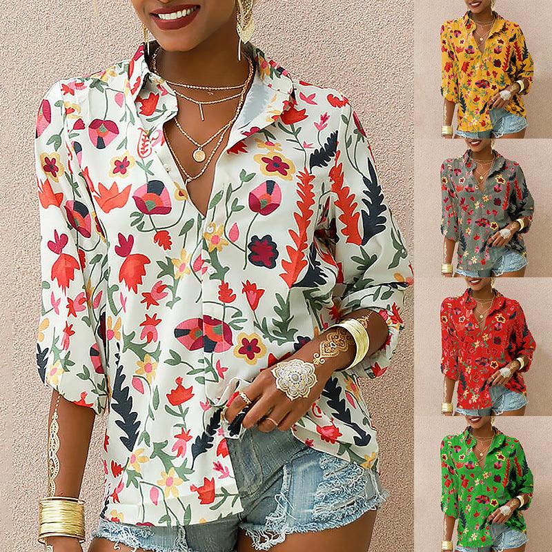 Printed Long Sleeve Lapel Collar Fashion Casual Loose Shirt - BUNNY BAZAR