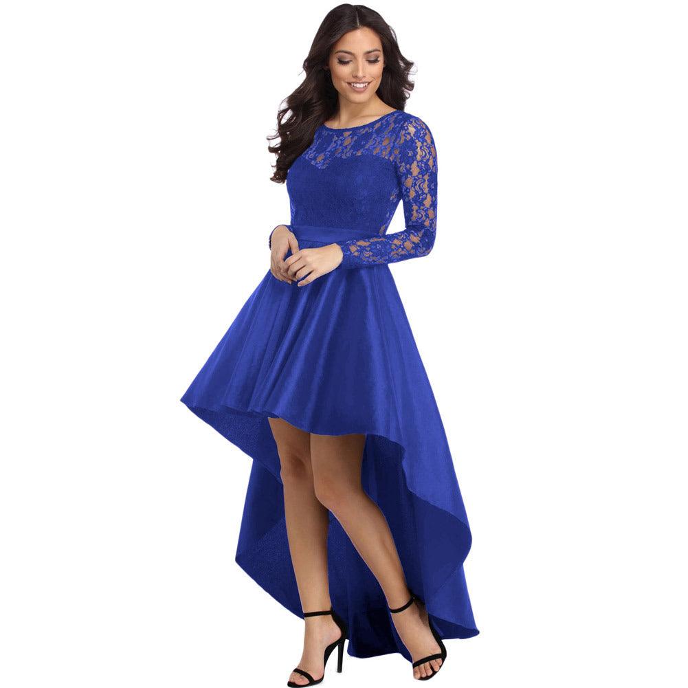 Round Neck Long Sleeve Lace Dovetail Satin Ball Party Dress - BUNNY BAZAR