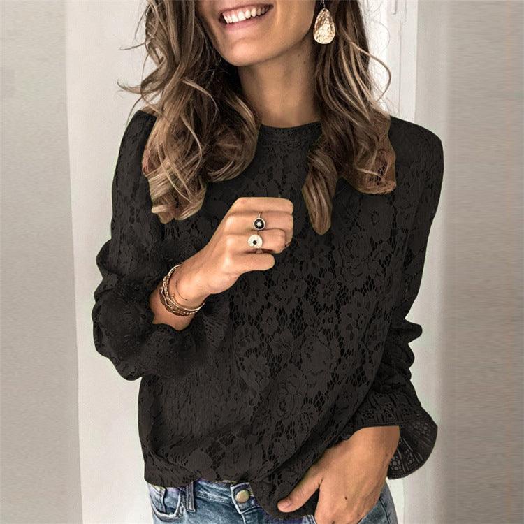 Hot-selling horn sleeve long sleeve hollow lace shirt women - BUNNY BAZAR