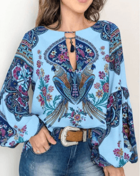 Round Neck Lantern Sleeve Shirt - BUNNY BAZAR