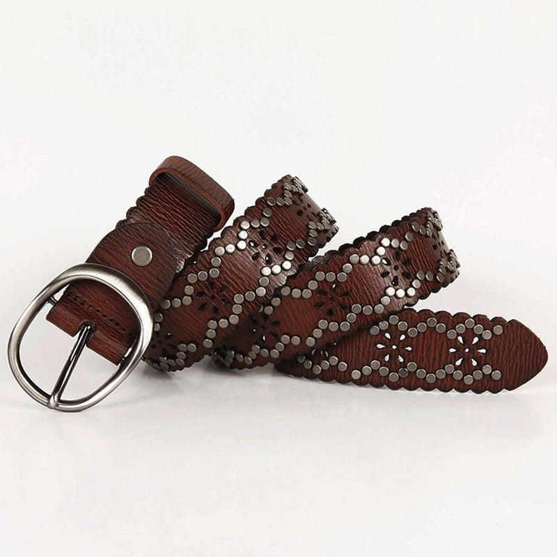 Lace Rivet Leather Belt Head Layer Cowhide Women's Belt - BUNNY BAZAR