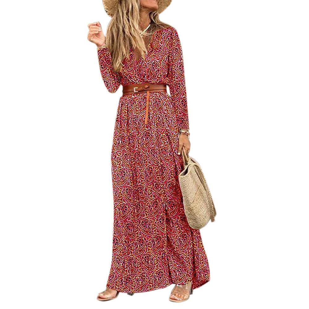 Long Sleeve V-neck Bohemian Floral Dress - BUNNY BAZAR
