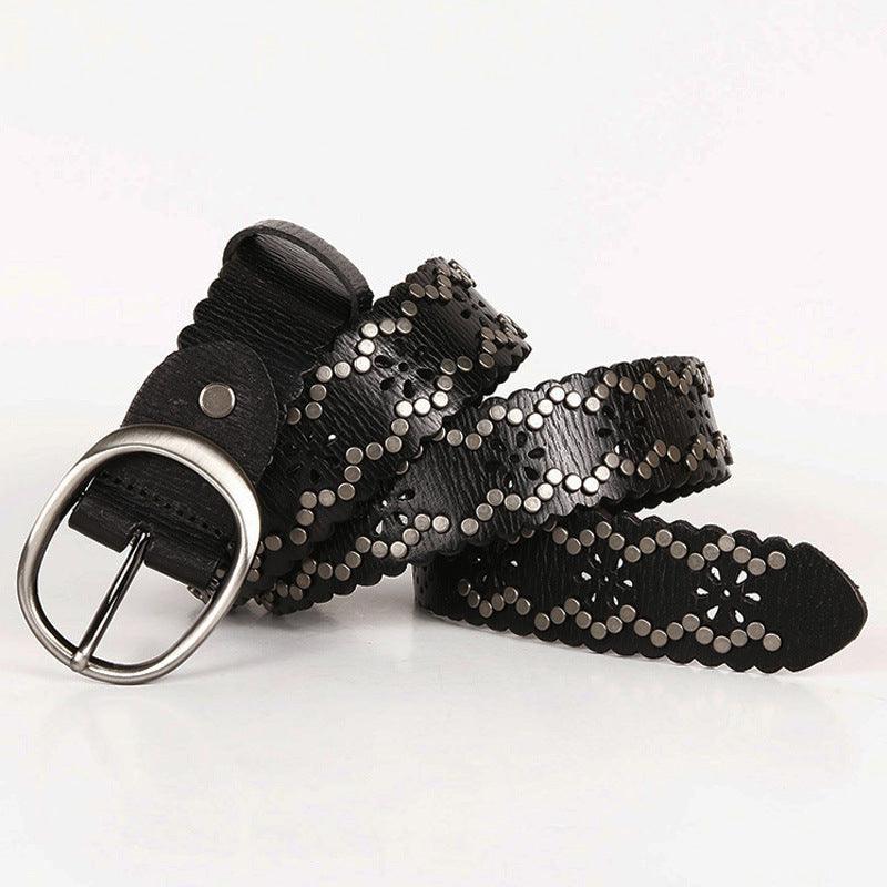 Lace Rivet Leather Belt Head Layer Cowhide Women's Belt - BUNNY BAZAR