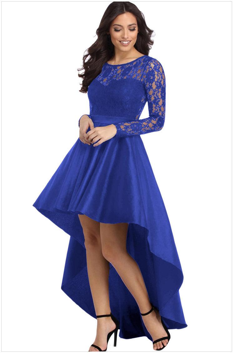 Round Neck Long Sleeve Lace Dovetail Satin Ball Party Dress - BUNNY BAZAR