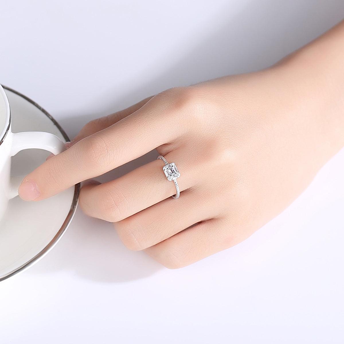 Ring Women Silver Simple Square Inlaid Zirconium - BUNNY BAZAR