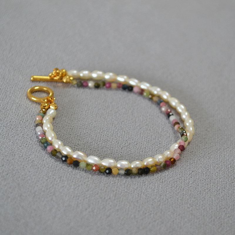 Freshwater Orzo Pearl Colorful Tourmaline Beaded Bracelet - BUNNY BAZAR
