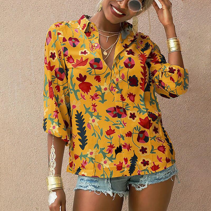 Printed Long Sleeve Lapel Collar Fashion Casual Loose Shirt - BUNNY BAZAR