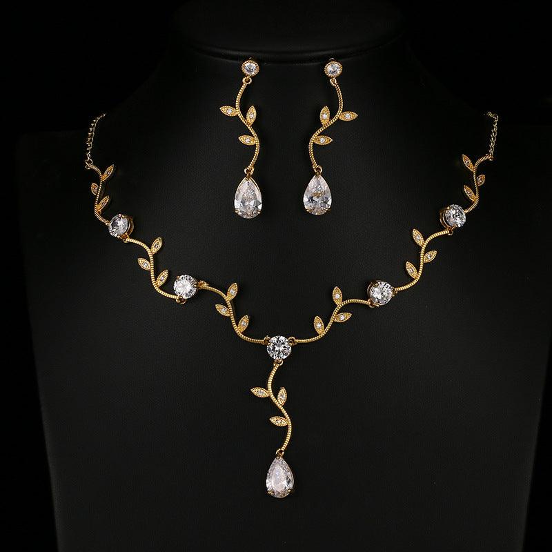 Best Selling Gold-plated Temperament Branch Zircon Set In Europe And America Simple Fashion Cross-border Supply Hot Selling Zircon Jewelry Set - BUNNY BAZAR