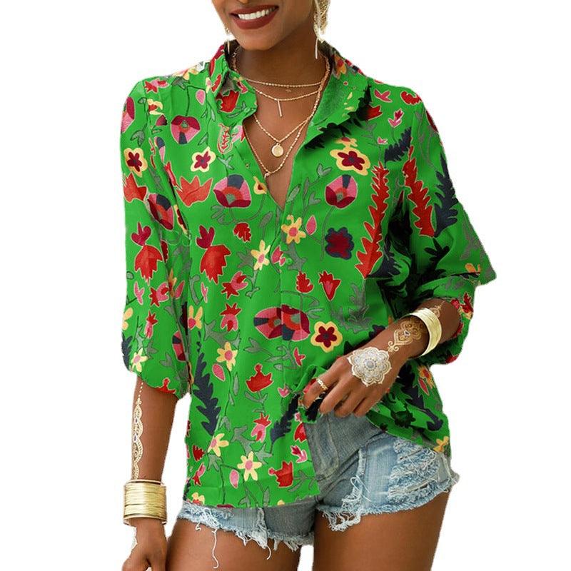 Printed Long Sleeve Lapel Collar Fashion Casual Loose Shirt - BUNNY BAZAR