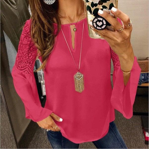 Lace stitching flared sleeve chiffon shirt - BUNNY BAZAR