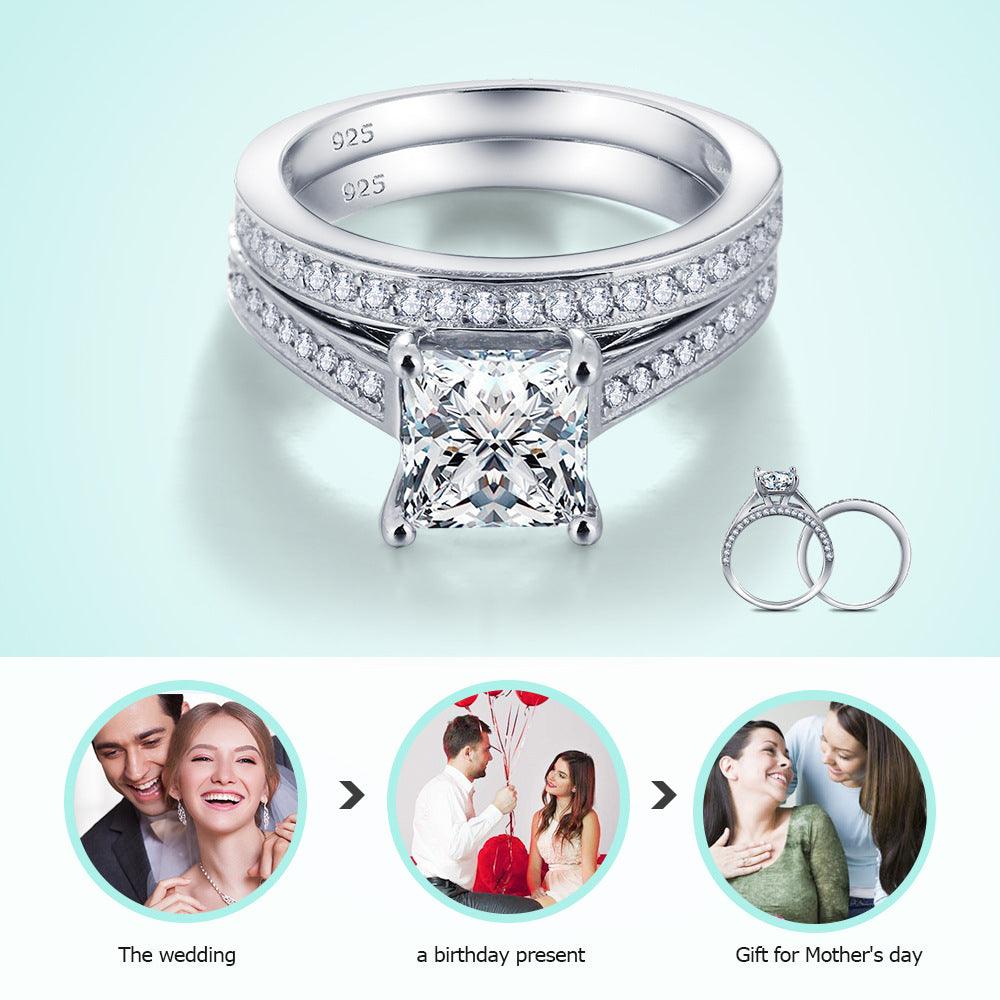 Hearts and Arrows Silver Diamond Ring European and American fashion zircon zircon couple engagement ring sets of rings - BUNNY BAZAR