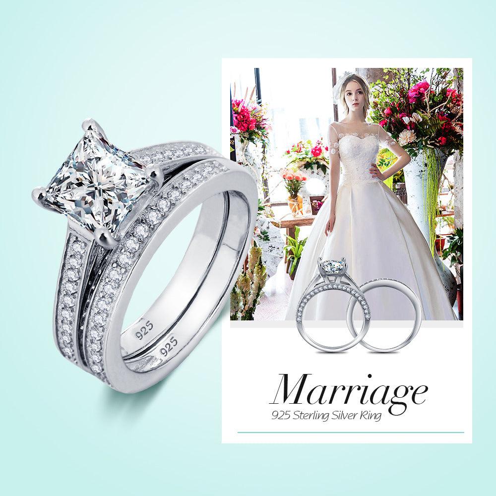 Hearts and Arrows Silver Diamond Ring European and American fashion zircon zircon couple engagement ring sets of rings - BUNNY BAZAR