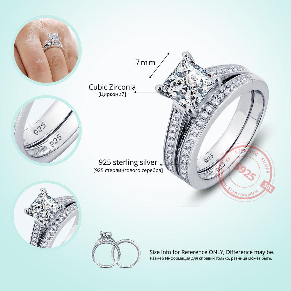 Hearts and Arrows Silver Diamond Ring European and American fashion zircon zircon couple engagement ring sets of rings - BUNNY BAZAR
