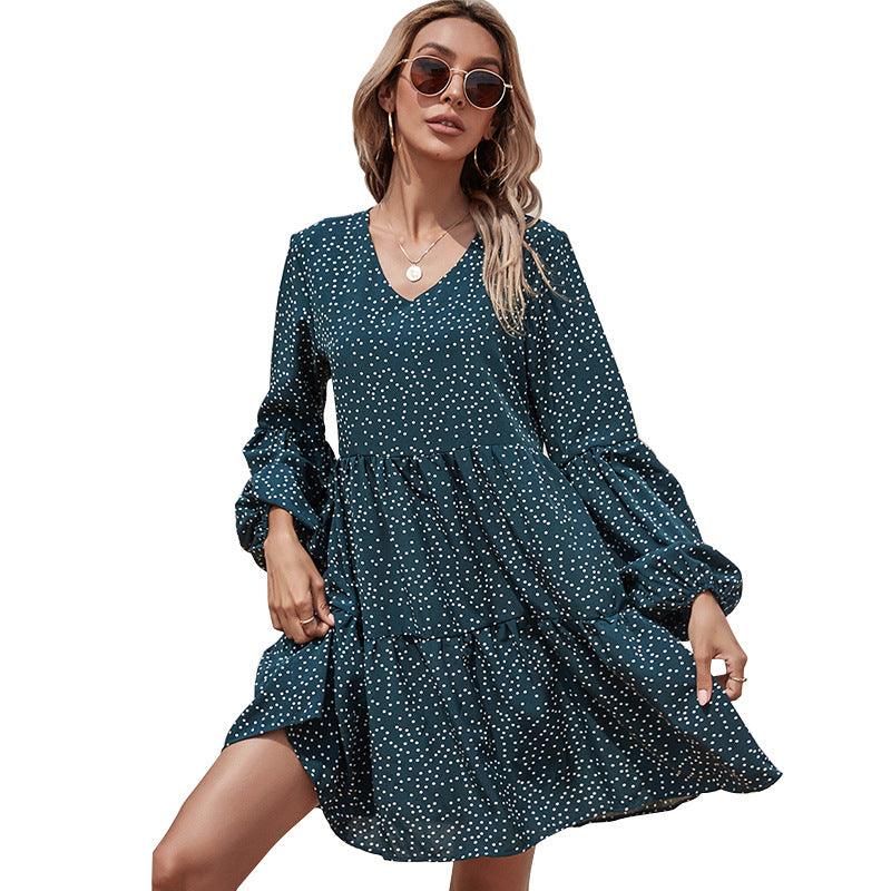 V-Neck Polka Dot Lantern Sleeve Long Sleeve Women High Waist Dress - BUNNY BAZAR
