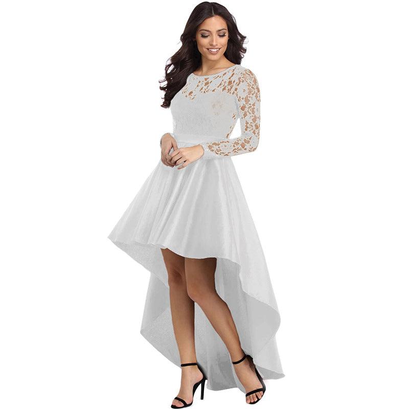 Round Neck Long Sleeve Lace Dovetail Satin Ball Party Dress - BUNNY BAZAR