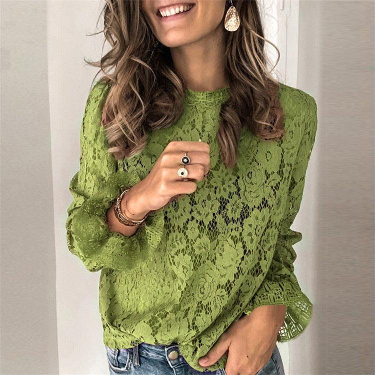 Hot-selling horn sleeve long sleeve hollow lace shirt women - BUNNY BAZAR
