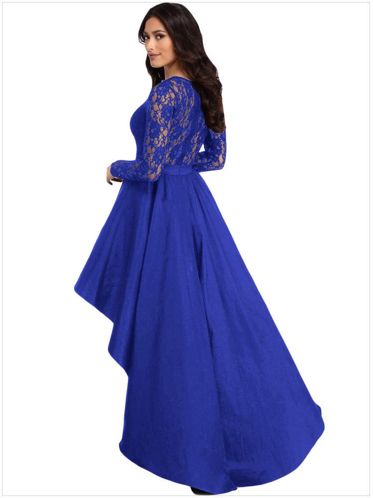 Round Neck Long Sleeve Lace Dovetail Satin Ball Party Dress - BUNNY BAZAR