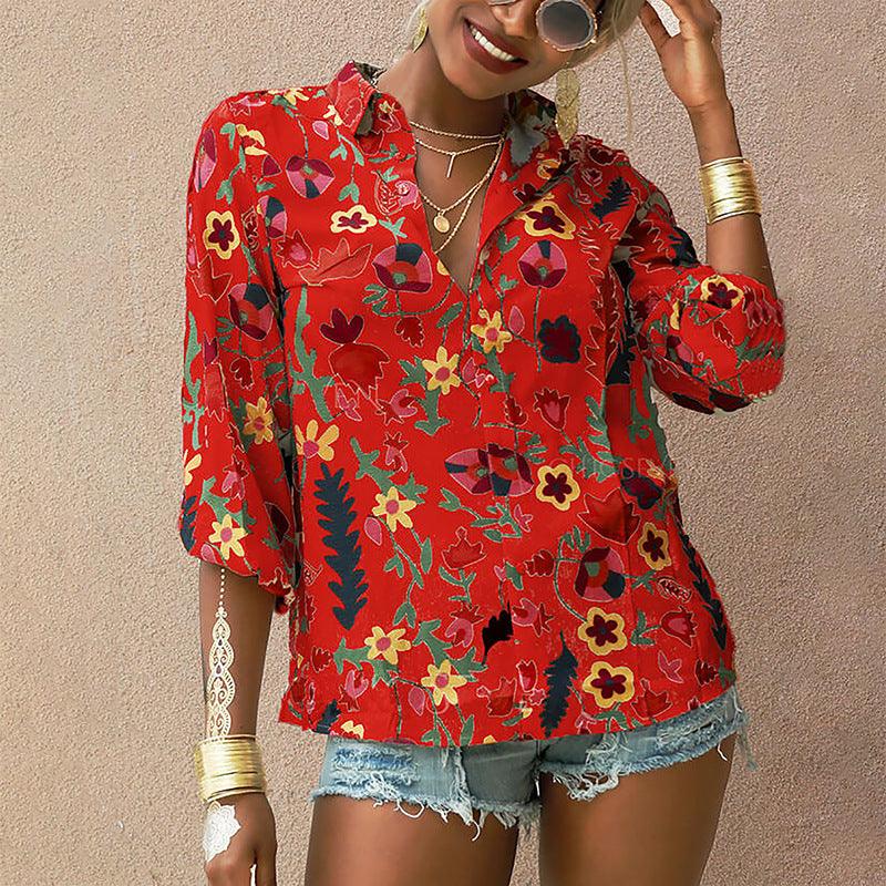 Printed Long Sleeve Lapel Collar Fashion Casual Loose Shirt - BUNNY BAZAR