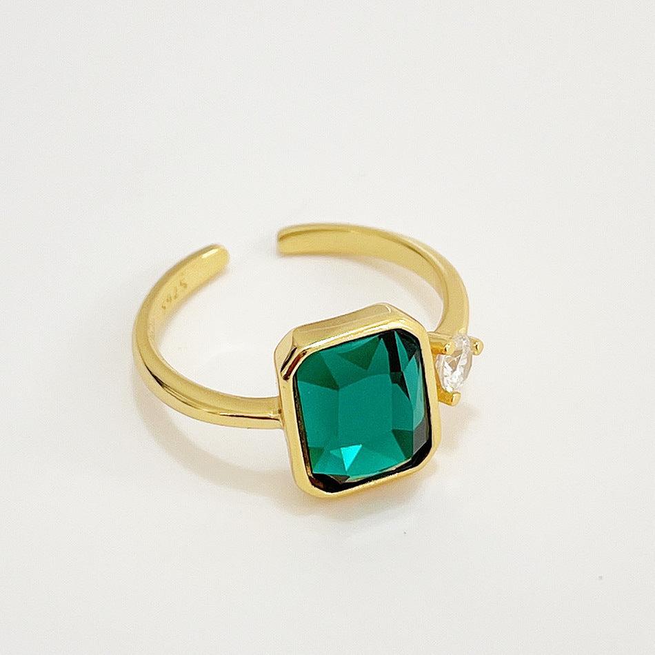 Nordic Style Simple Rectangular Green Diamond Female Silver Ring - BUNNY BAZAR