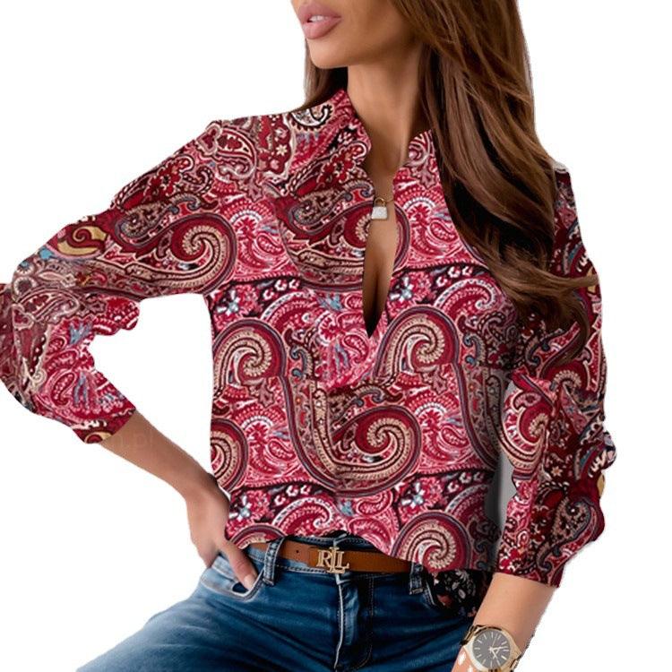 Ladies Fashion Loose Long Sleeve Printed Shirt Top - BUNNY BAZAR