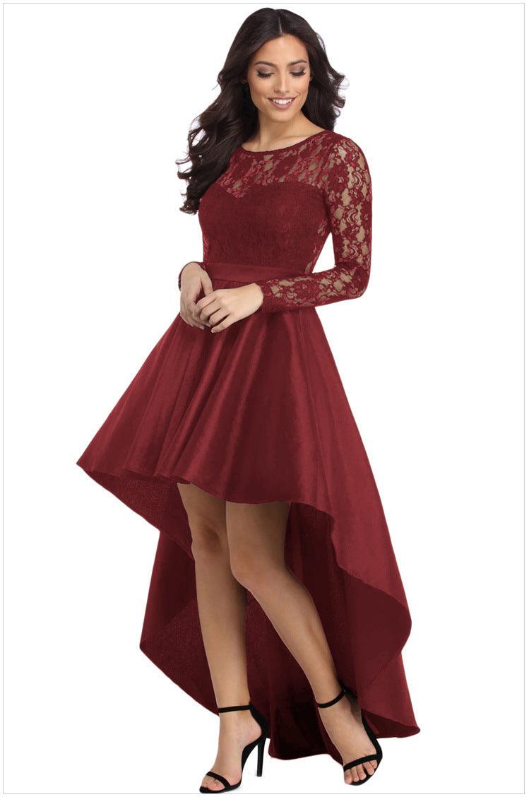 Round Neck Long Sleeve Lace Dovetail Satin Ball Party Dress - BUNNY BAZAR