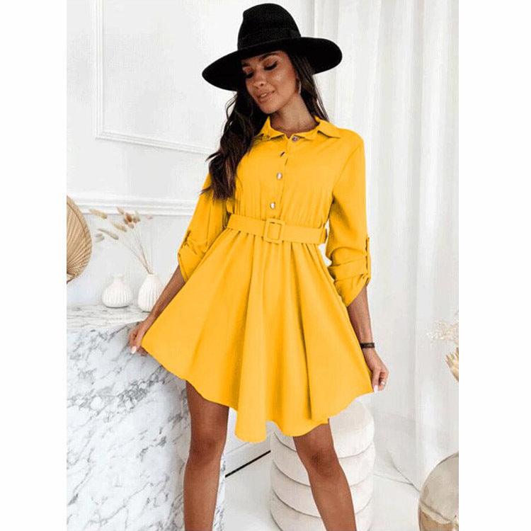 Long Sleeve Roll Sleeve Waist Shirt Belt Dress Women's - BUNNY BAZAR