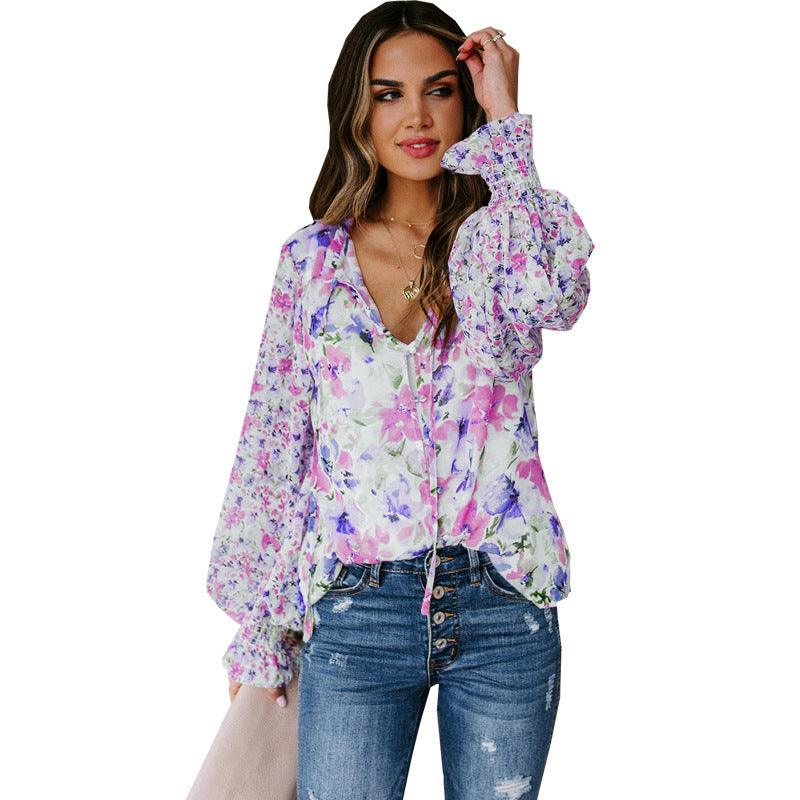 Loose Floral Women's Fashion Lantern Sleeve Top Women - BUNNY BAZAR