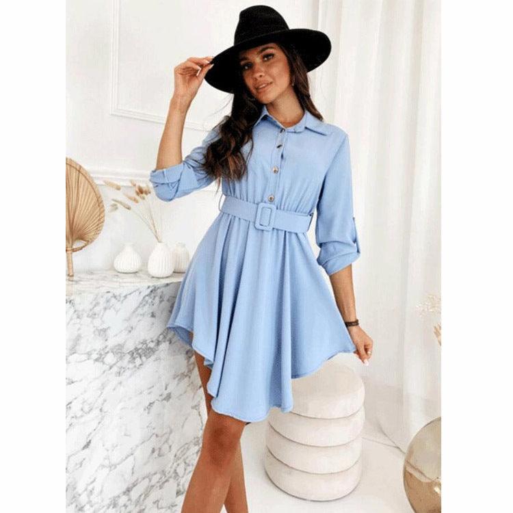 Long Sleeve Roll Sleeve Waist Shirt Belt Dress Women's - BUNNY BAZAR