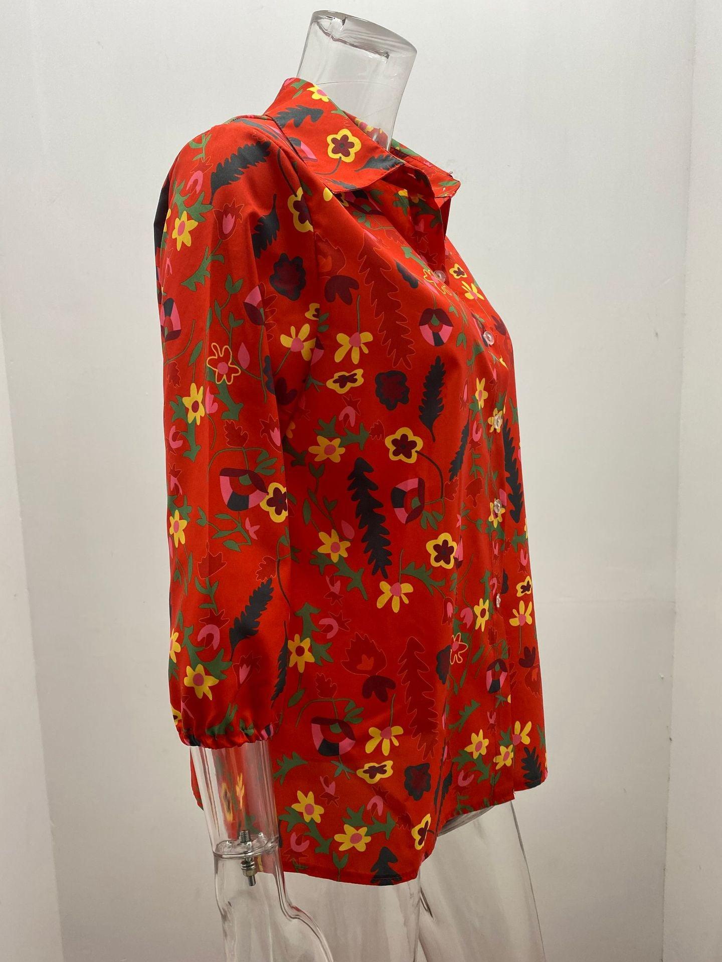 Printed Long Sleeve Lapel Collar Fashion Casual Loose Shirt - BUNNY BAZAR