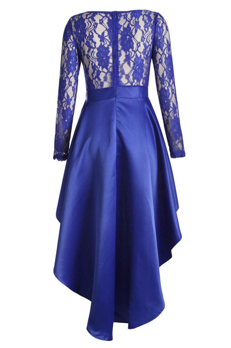 Round Neck Long Sleeve Lace Dovetail Satin Ball Party Dress - BUNNY BAZAR