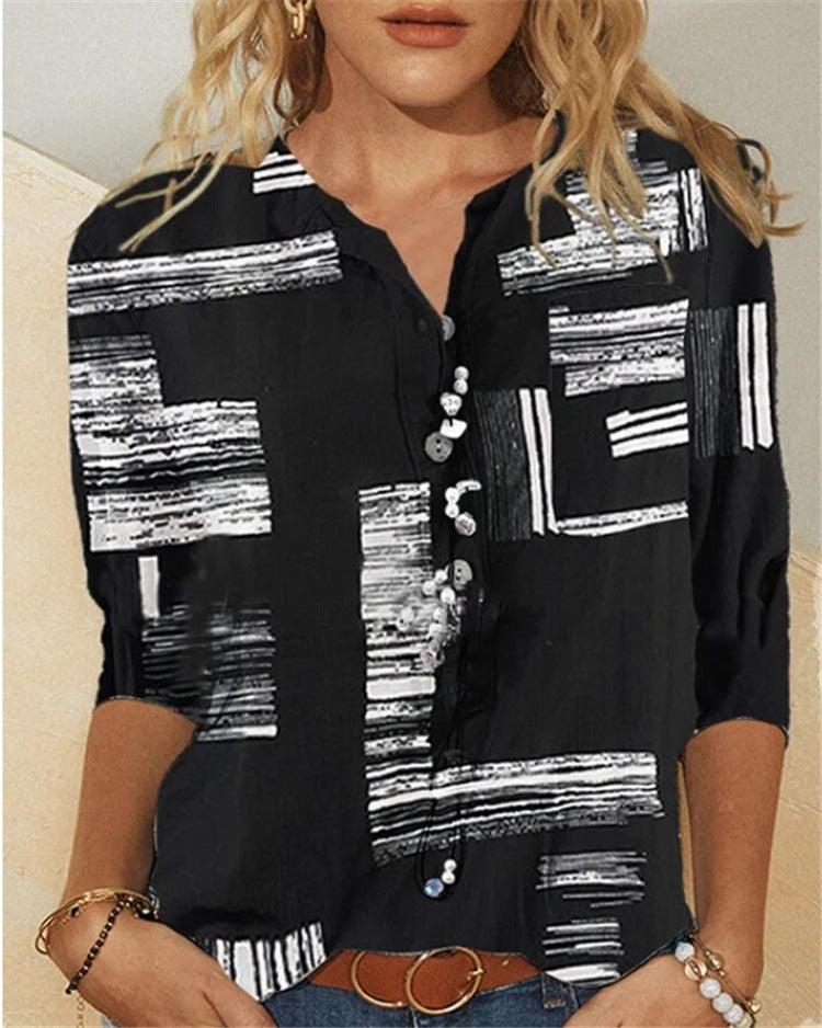 Flared Sleeve Round Neck Long Sleeve Pullover Plaid Printed Cotton Shirt - BUNNY BAZAR